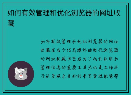 如何有效管理和优化浏览器的网址收藏